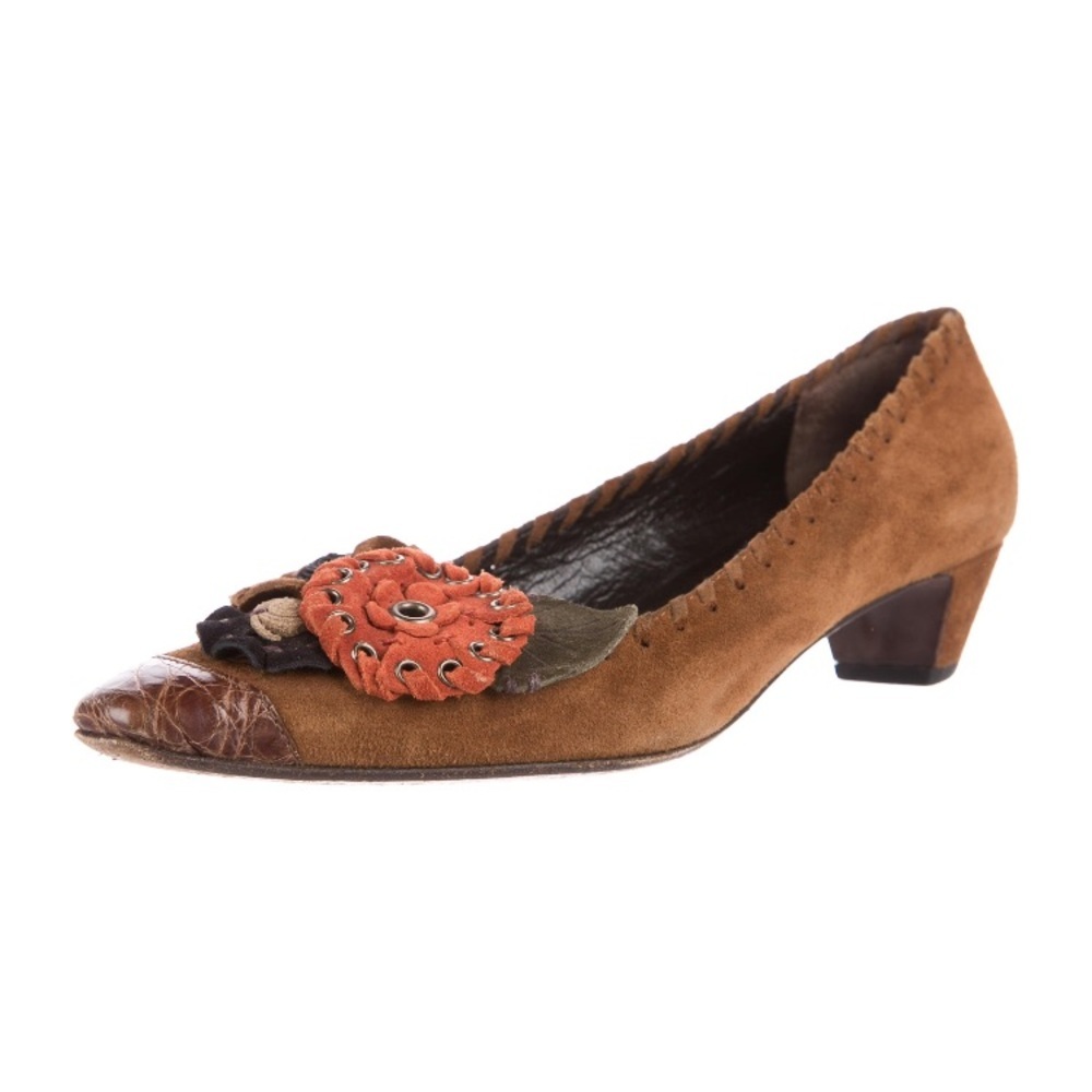 Prada Alligator Embellished Brown Suede Pumps